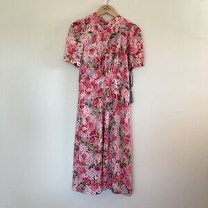 Julia Jordan Floral Rose Tie Back Mock Neck A-Line Midi Dress Sz 6 Cottagecore